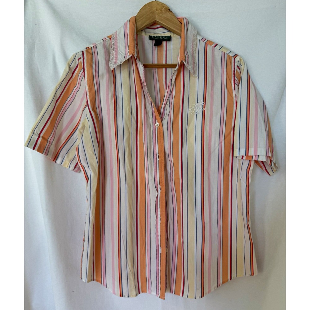 Lauren Ralph Lauren Women's M Multicolor Striped Lace Trim Button-Up Shirt